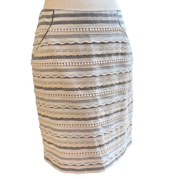 Anthropologie Tabitha Sailing Lace Striped Pencil Mini Skirt Small Linen/Cotton - Picture 5 of 13